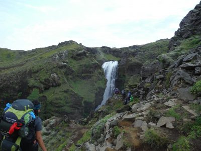 On the waterfall-ful Fimmvörðuháls trail, A Robertson